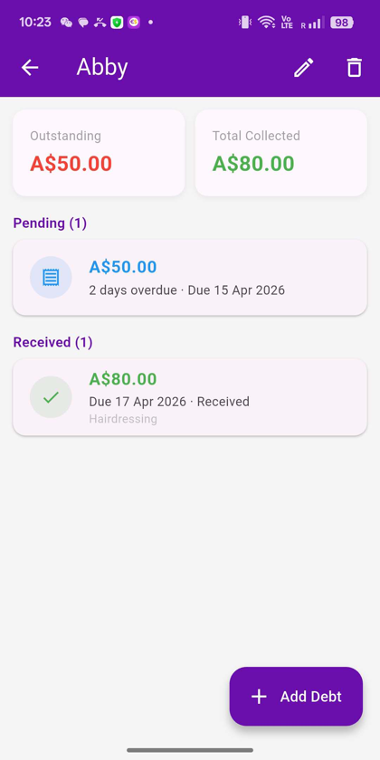 NudgeMate client profile showing outstanding and collected totals