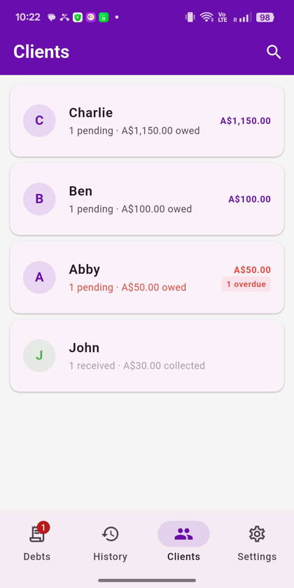 NudgeMate clients list showing amounts owed and collected