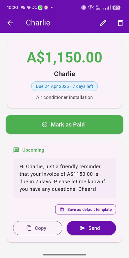 NudgeMate debt detail with a ready-to-send reminder message